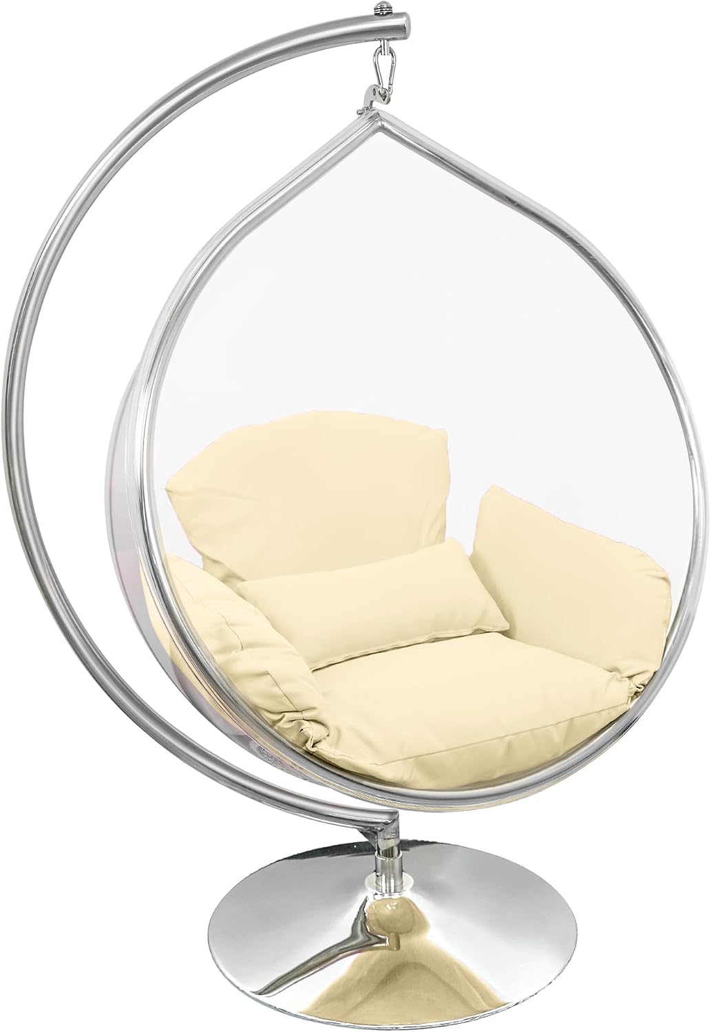 Hanging Chair - Transparent Acrylic Bubble, Waterdrop Shape, Indoor Swing Chair with Gold/Chrome Stand, Durable Fabric Cushion - Luxury Accent for Living Room, Bedroom (Chrome/Ivory)