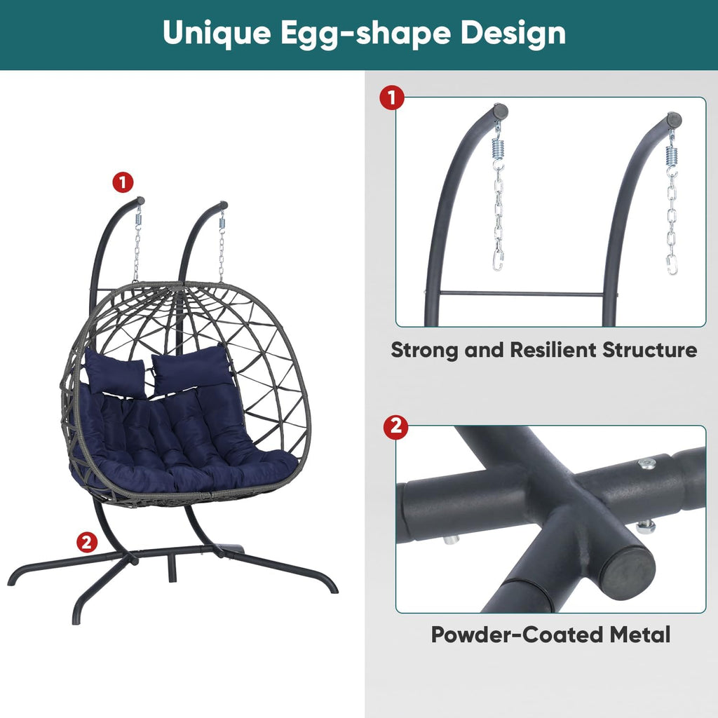 JOYBASE Double Swing Egg Chair with Stand, 2-Person Hanging Egg Chair Wicker Rattan Oversized Swinging Chair for Outdoor Indoor Garden Patio (Dark Blue Cushion and Grey Rattan)