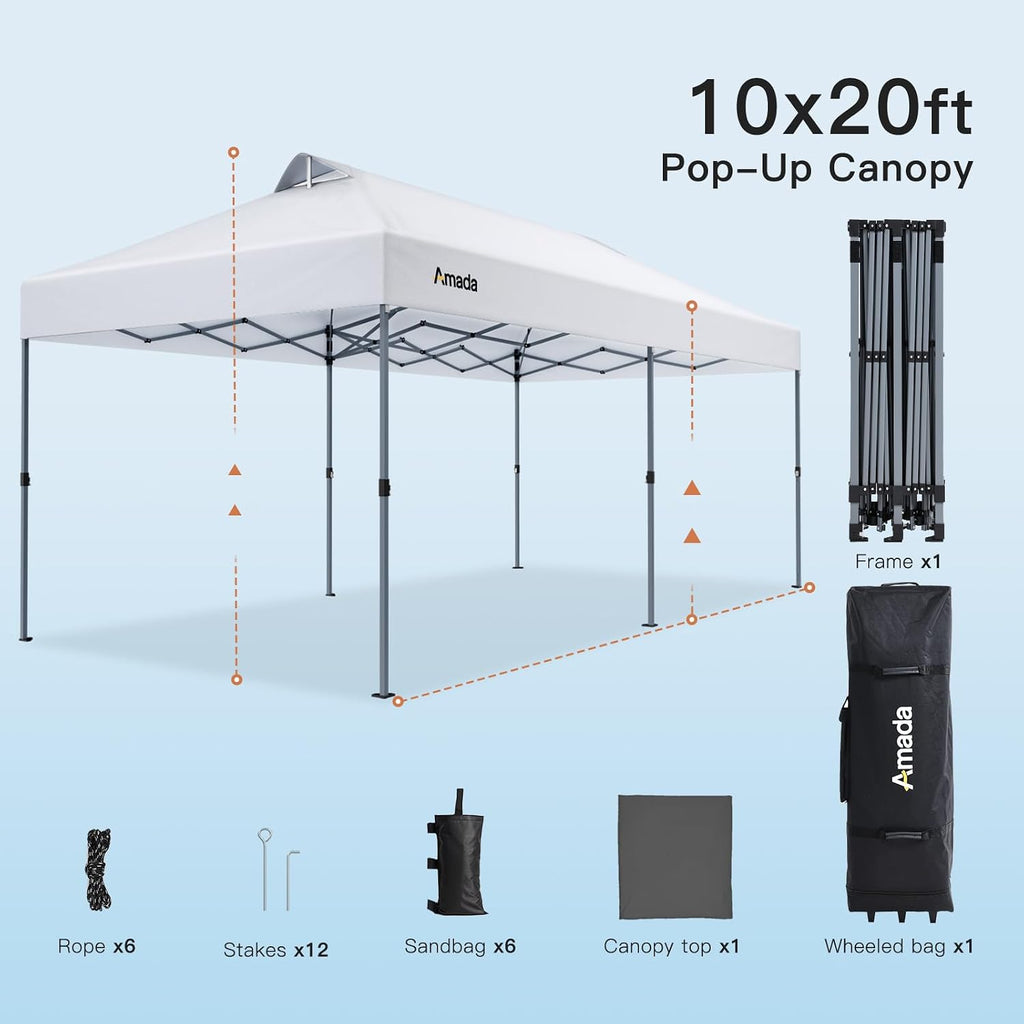 Amada 20x10 Pop Up Canopy Tent - Center Lock One Push Commercial Instant Canopies with 3-Height Adjustable & Wheeled Bag, 12 Stakes 6 Sandbags 6 Ropes, Great for Trade Shows, Events (20x10ft, White)