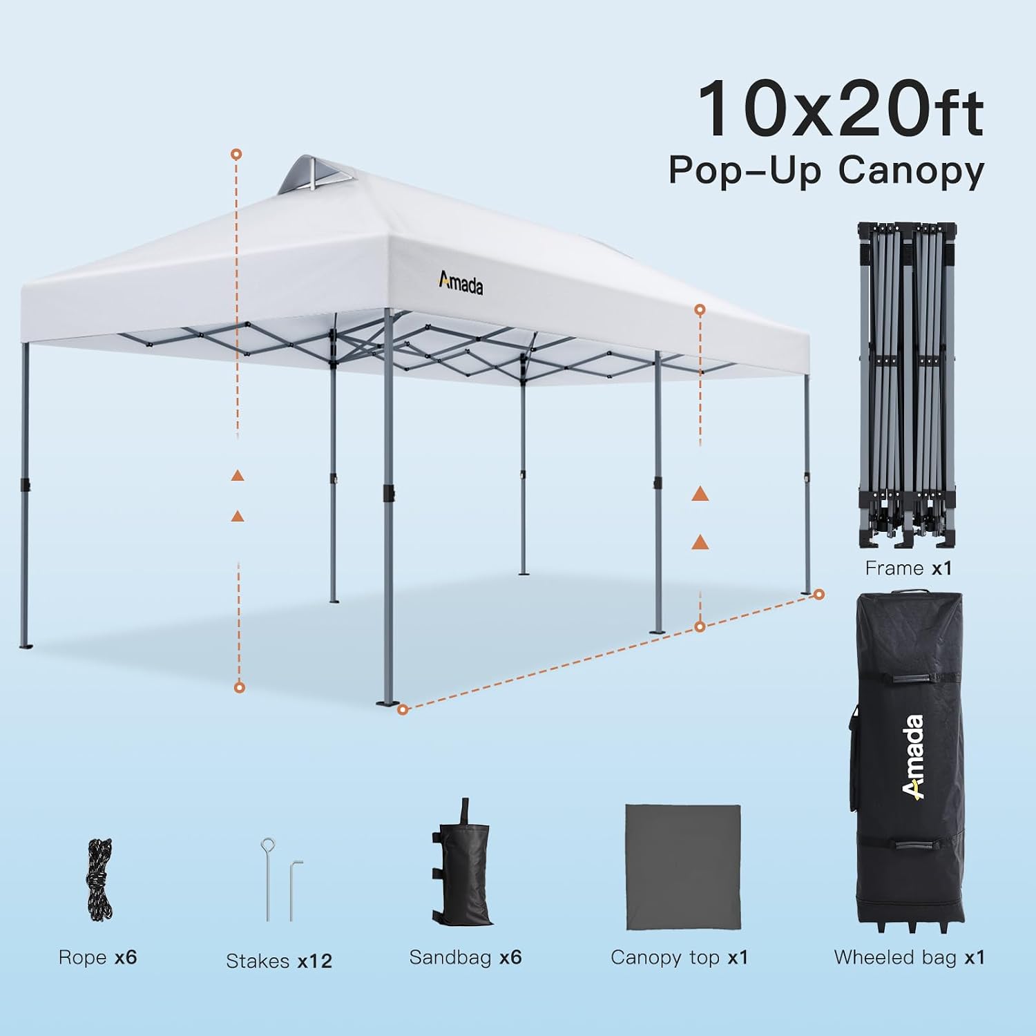 Amada 20x10 Pop Up Canopy Tent - Center Lock One Push Commercial Instant Canopies with 3-Height Adjustable & Wheeled Bag, 12 Stakes 6 Sandbags 6 Ropes, Great for Trade Shows, Events (20x10ft, White)