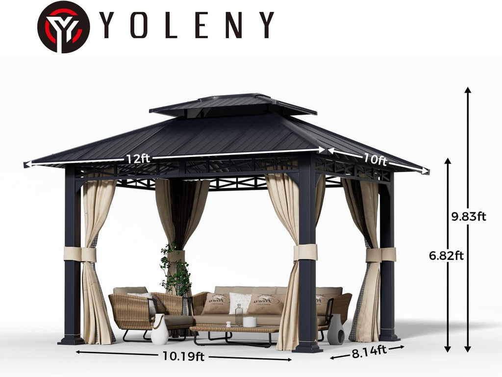 YOLENY 10' x 12' Gazebo with Galvanized Steel Roof, Double Roof with Anti-Rust Coating, Outdoor Gazebos with Curtains and Netting, Sunshade for Gardens, Lawns, Deck
