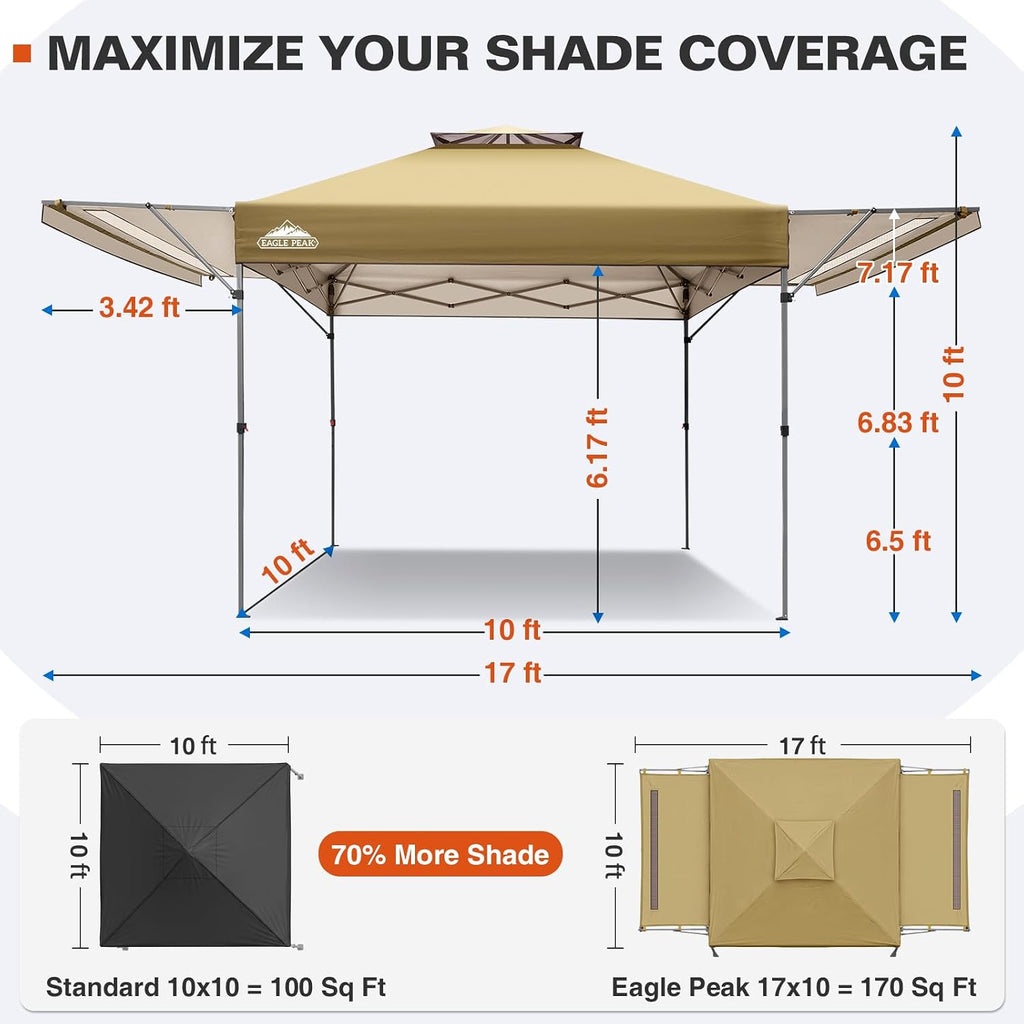 EAGLE PEAK 17x10 Pop up Gazebo Canopy Tent Outdoor Instant Canopy Shelter with Adjustable Dual Half Awnings (Beige)