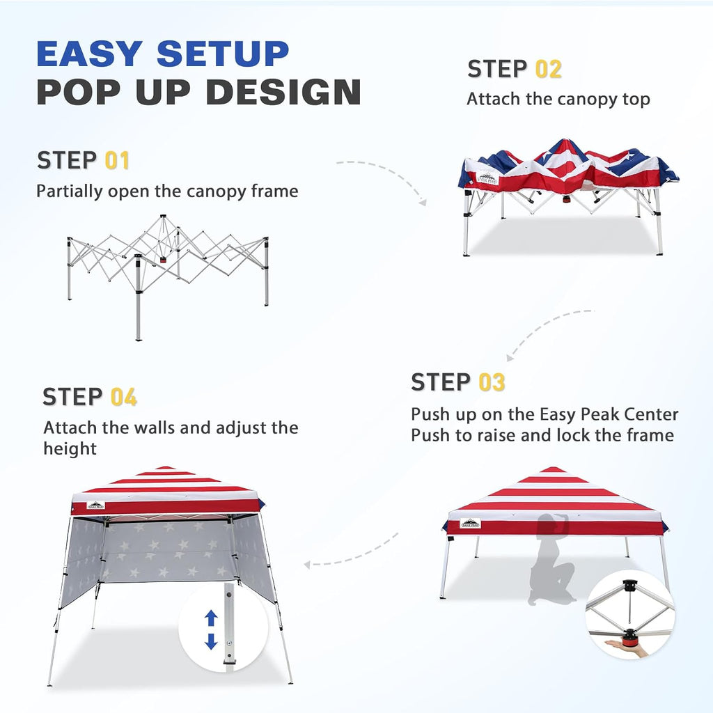 EAGLE PEAK Day Tripper 8x8 Aluminum Super-Lightweight Pop Up Canopy with 3 Removable Walls, Instant Outdoor Backpack Canopy Tent, Outside Beach Folding Sun Shelter, 8x8 Base 6x6 Top, American Flag