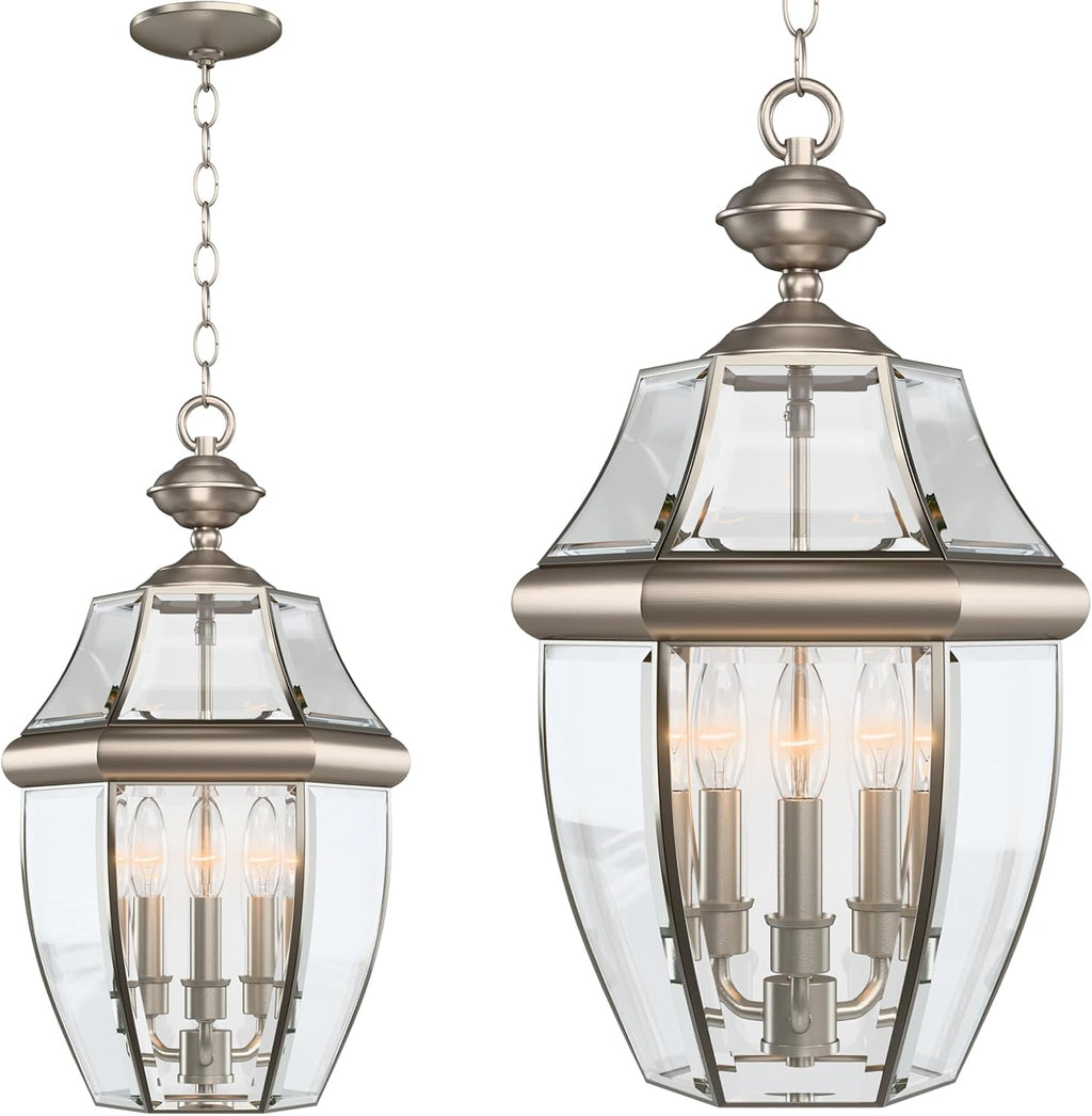 Large Outdoor Pendant Light Fixture 3-Light, 20in Modern Silver Outdoor Chandelier Hanging Porch Light, Metal Exterior Ceiling Mount Hanging Lantern with Clear Glass for Front Door, Entrance, Gazebo
