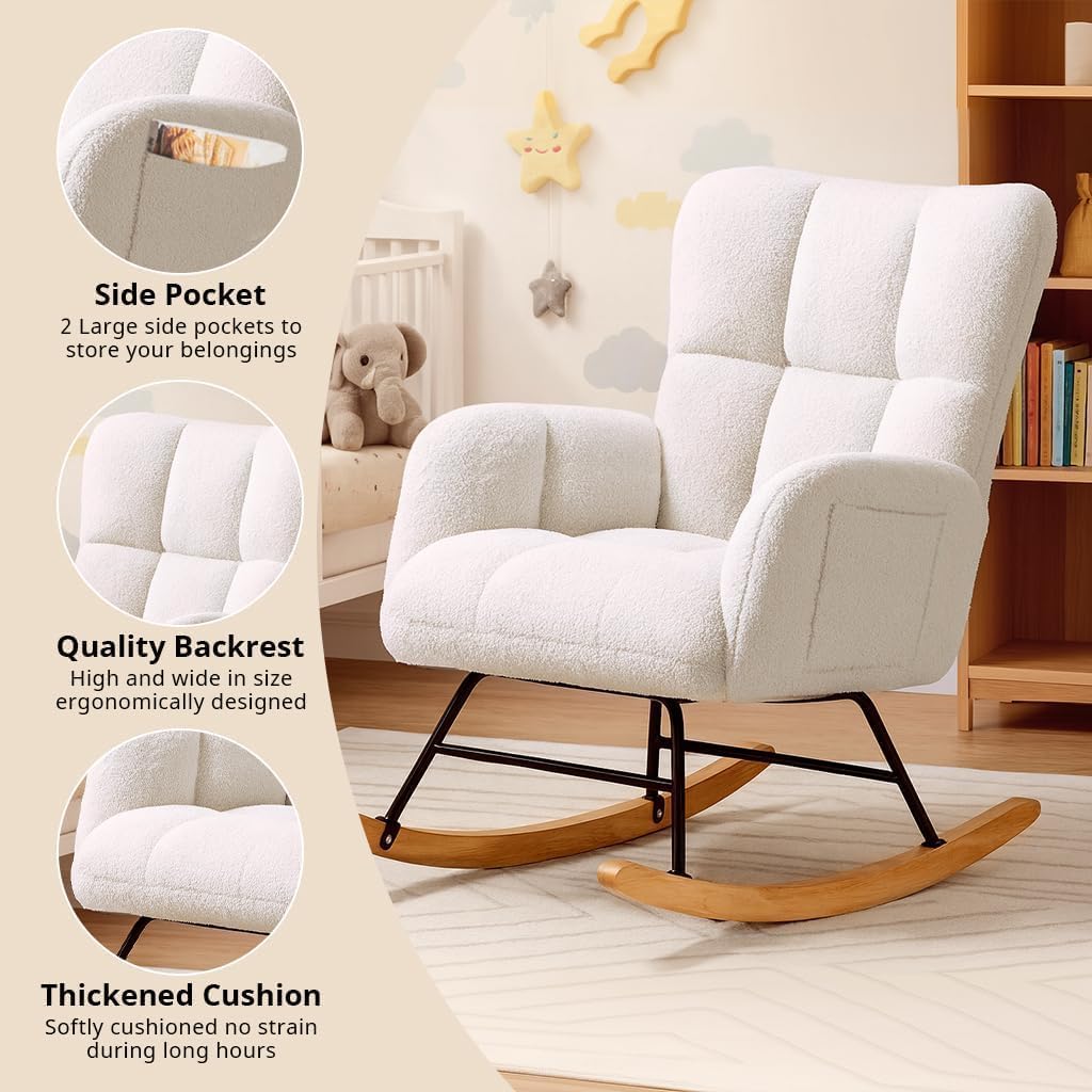 COMHOMA Nursery Rocking Chair, Teddy Upholstered Glider Rocking Chair with Side Pockets, Accent Chair with High Backrest Reading Chair for Adult, Nursery, Bedroom, Living Room,Offices (White)