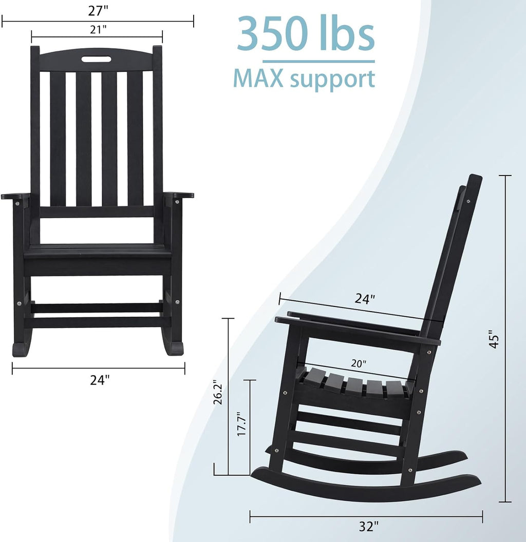 Psilvam Oversized Outdoor Rocking Chair, HDPE Porch Rocker Chairs for Adults, All Weather Resistant Rocking Chairs for Patio Lawn Garden, 350lbs Weight Capacity (Black)