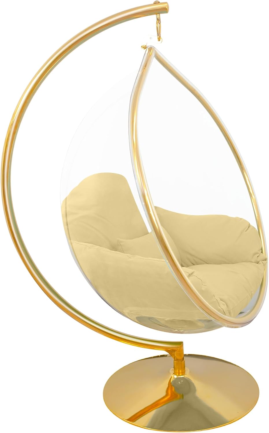 Hanging Chair - Transparent Acrylic Bubble, Waterdrop Shape, Indoor Swing Chair with Gold/Chrome Stand, Durable Fabric Cushion - Luxury Accent for Living Room, Bedroom (Gold/Beige)