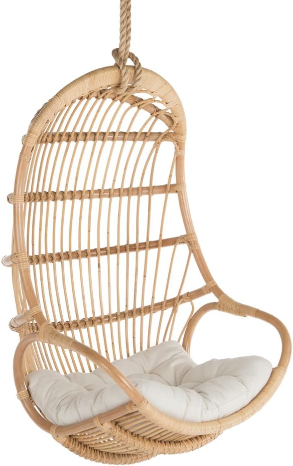 KOUBOO Hanging Rattan Swing Chair with Seat Cushion, Handwoven Natural Rattan Chair, Coastal Home Decor Furniture for Bedroom, Living Room, & Sun Room, Natural