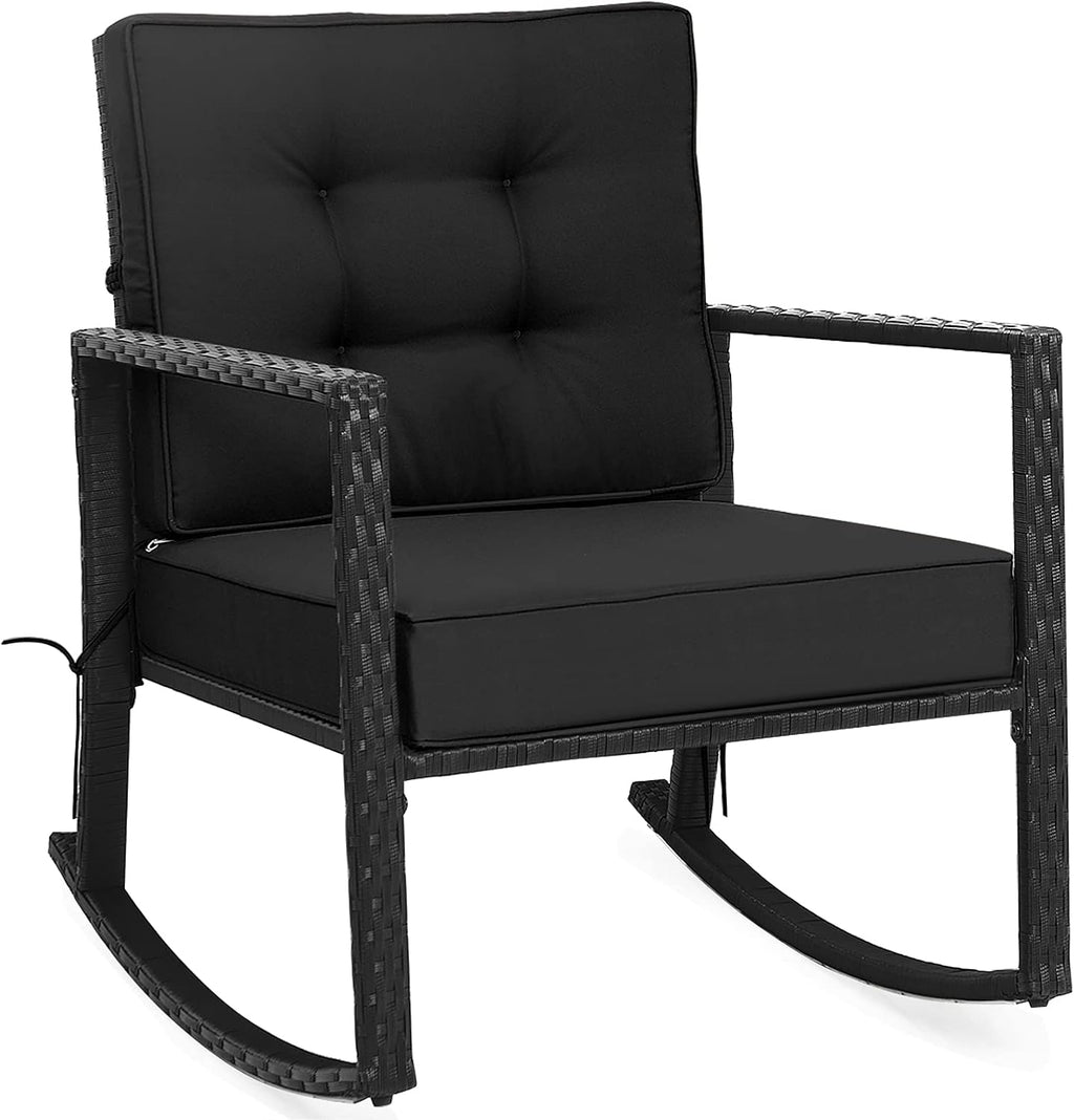 Tangkula Wicker Rocking Chair, Outdoor Glider Rattan Rocker Chair with Heavy-Duty Steel Frame, Patio Wicker Furniture Seat with 5' Thick Cushion for Garden, Porch, Backyard, Poolside (1, Black)
