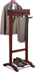 Wooden Valet Stand Clothes with Contour Hanger, Trouser Bar, Shoe Shelf, Suit Rack with Drawer&Tray, Garment Organizer Rack Storage for Keys, Watches, Wallet, Jewelry, Accessory Organizer