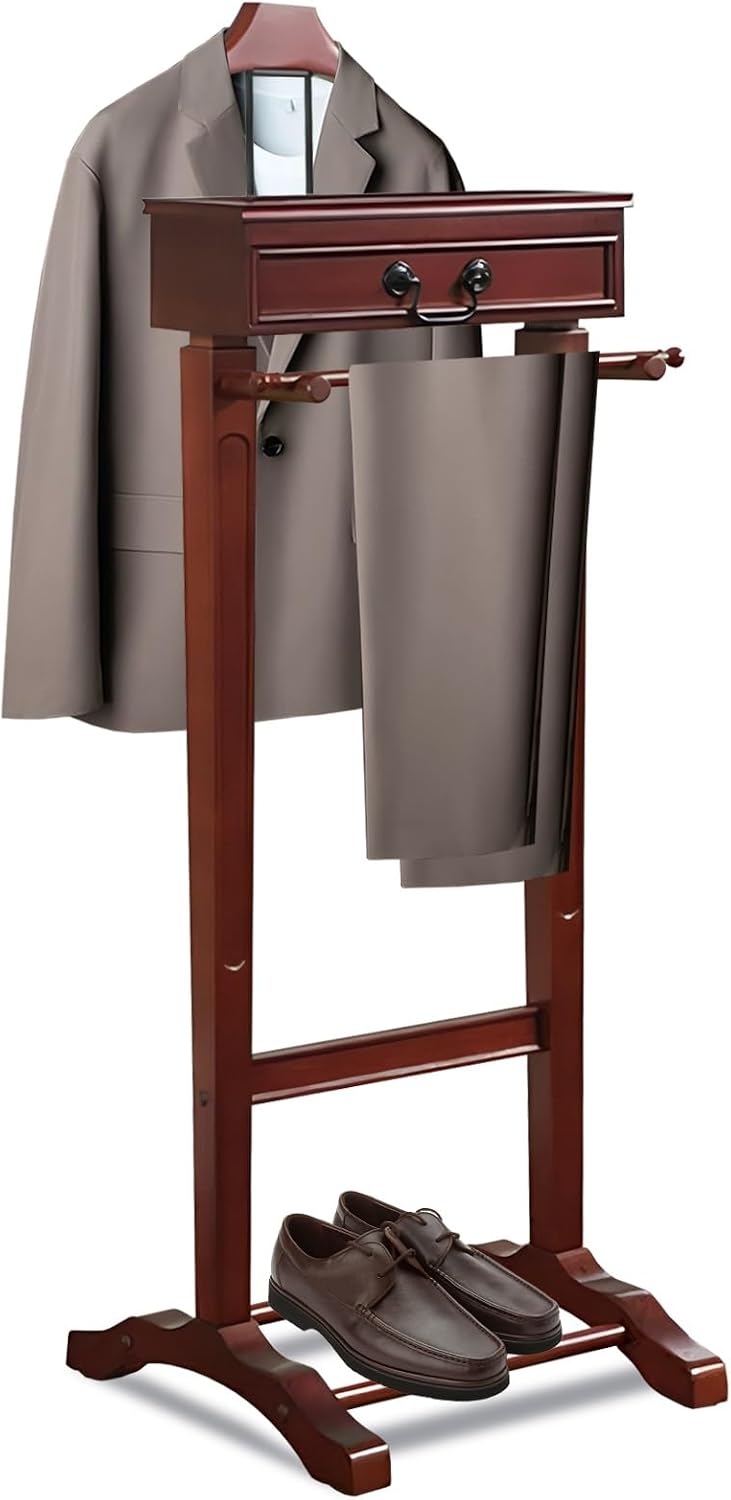 Wooden Valet Stand Clothes with Contour Hanger, Trouser Bar, Shoe Shelf, Suit Rack with Drawer&Tray, Garment Organizer Rack Storage for Keys, Watches, Wallet, Jewelry, Accessory Organizer