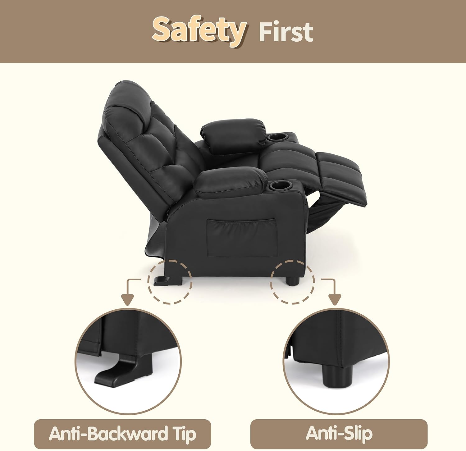 MCombo Big Kids Recliner for Ages 3+, Child Reclining Chair, Toddlers Recliner Sofa with Cup Holders (Faux Leather, Black)