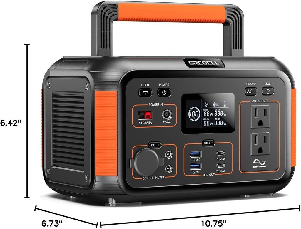 GRECELL Solar Generator 500W Portable Power Station 444Wh Solar Powered Generator 110V (1000W Peak) Pure Sine Wave AC Outlet PD 60W Fast Charge for Camping Outdoor Home Use Emergency Backup Trip RV