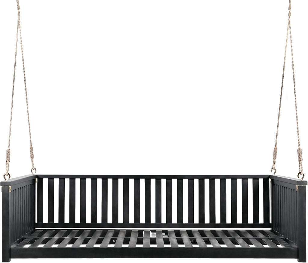 Minimalist 2-Person Acacia Wood Swing Bed, Patio Porch Swing with Ropes for Backyard Garden, Safe Sloped Design, Mattress, Cushions and Pillows not Included (Black/Acacia)