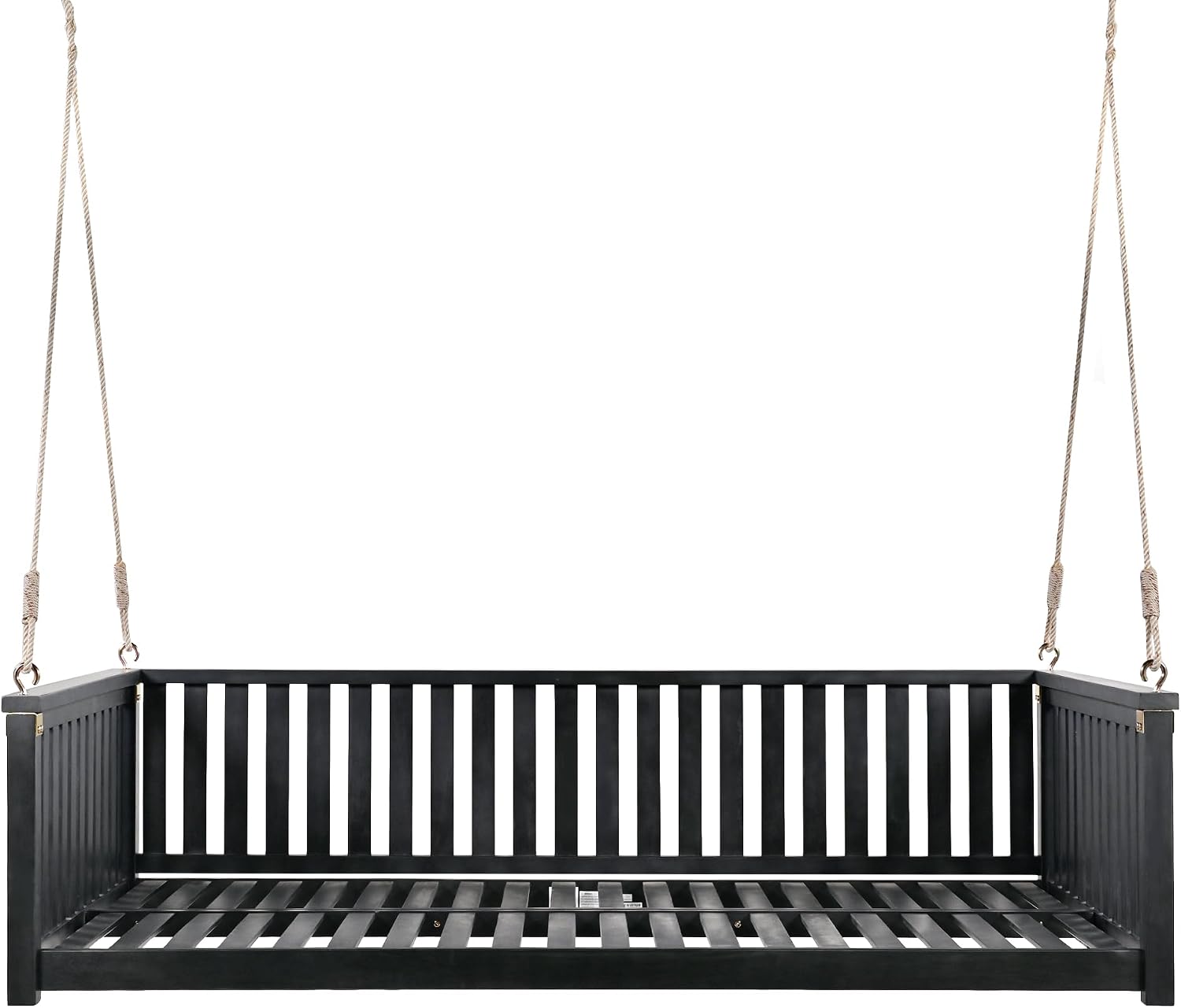 Minimalist 2-Person Acacia Wood Swing Bed, Patio Porch Swing with Ropes for Backyard Garden, Safe Sloped Design, Mattress, Cushions and Pillows not Included (Black/Acacia)