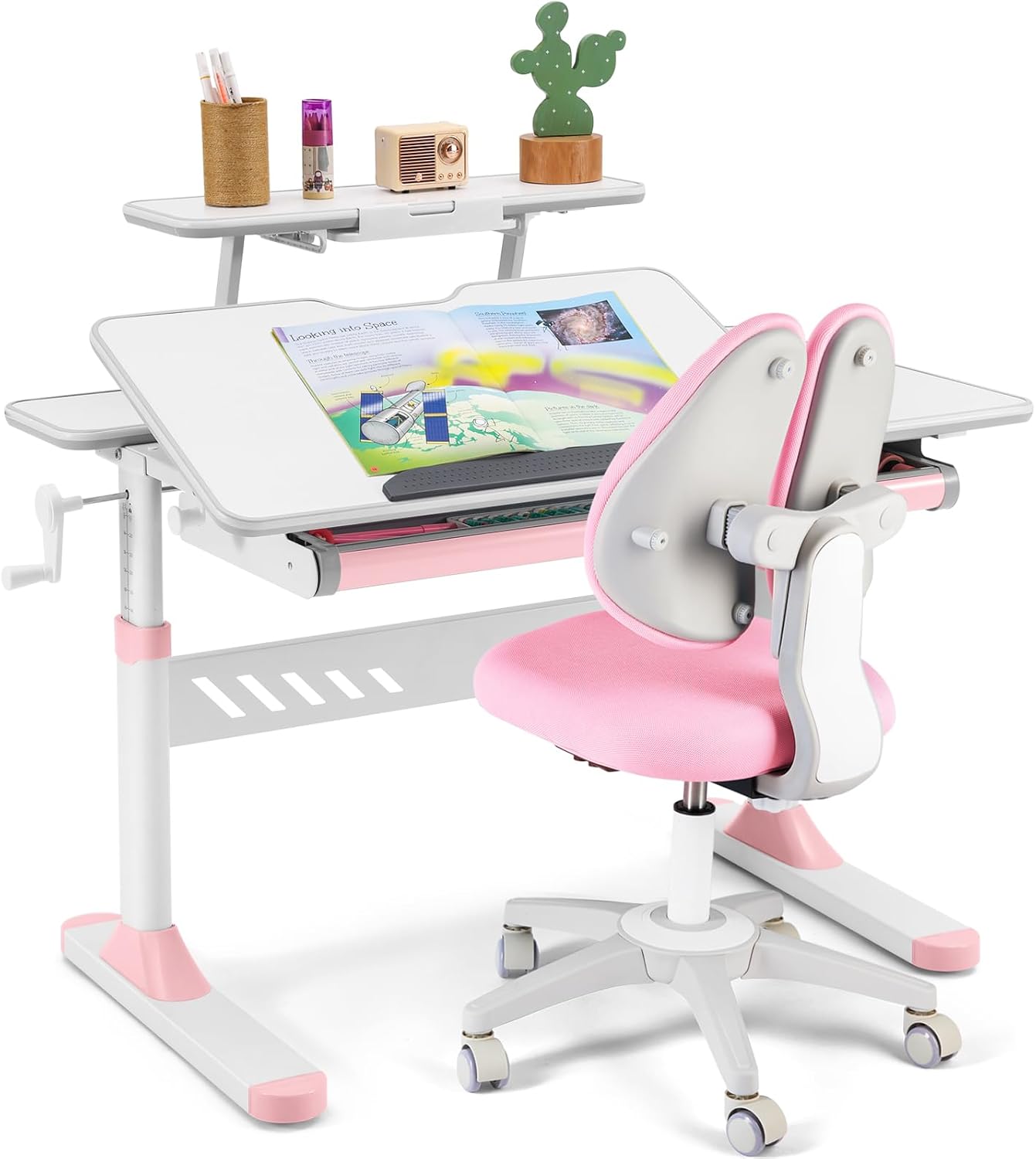 COSVALVE Premium Kids Study Desk and Chair Set,Adjustable Girls School Writing Study Table,Ergonomic Desk Chair with Large Writing Board Pull Out Drawer Bookstand Pink
