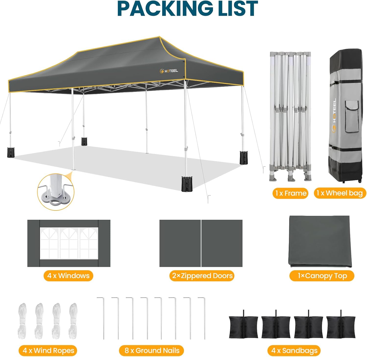 Hoteel 10x20 Pop Up Canopy Tent Heavy Duty with 6 Sidewalls, Waterproof Party Tent, Easy Set-up Commercial Instant Tents with Roller Bag & Sandbags, Hexagonal Leg (1-Year Warranty)