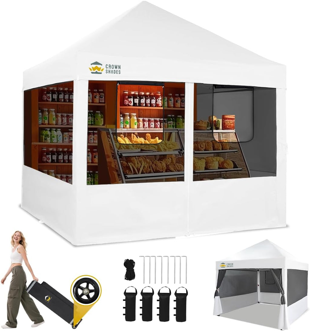 CROWN SHADES Pop Up Canopy Tent with 4 Mosquito Netting, Instant Commercial Tent with 1-Person Setup Patended Centerlock, 400D Silver Coated Fabric, 4' Wheels, Sto'N Go Bag,