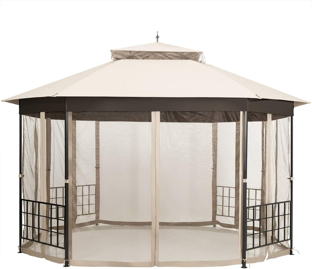 Tangkula 10 x 12 Ft Patio Gazebo, Heavy Duty Octagonal Canopy Gazebo w/Netting Sidewalls and Sturdy Steel Frame, Double Roof Vented Gazebo Canopy Shelter for Backyard Event Party BBQ (Beige)