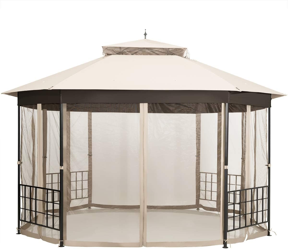 Tangkula 10 x 12 Ft Patio Gazebo, Heavy Duty Octagonal Canopy Gazebo w/Netting Sidewalls and Sturdy Steel Frame, Double Roof Vented Gazebo Canopy Shelter for Backyard Event Party BBQ (Beige)