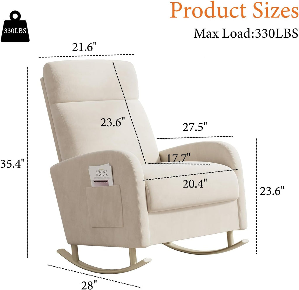 HIPIHOM Rocking Chair Nursery, Upholstered Glider Chair with Side Pocket, Modern Nursery Chair with High Backrest and Rubber Metail Legs, Accent Armchair for Living Room Bedroom Indoor (Beige Velvet)
