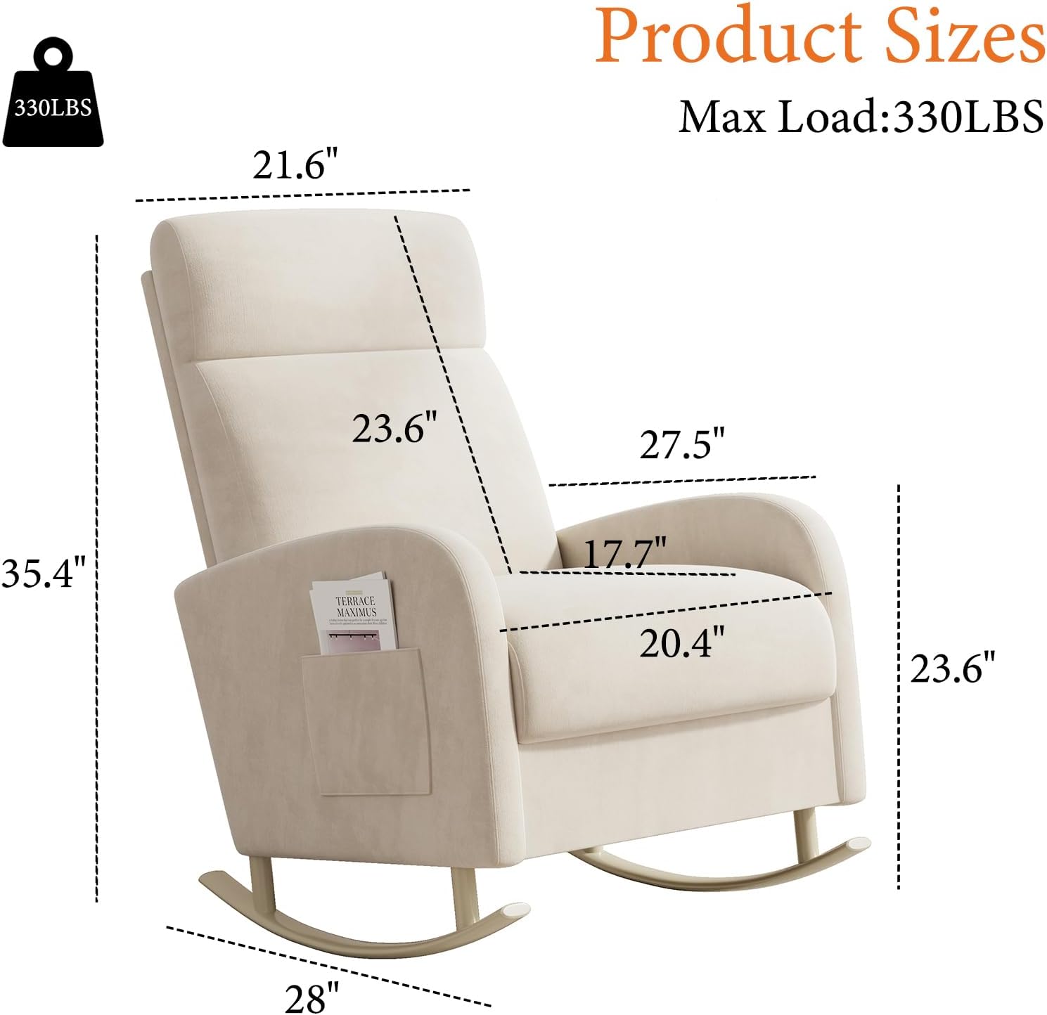 HIPIHOM Rocking Chair Nursery, Upholstered Glider Chair with Side Pocket, Modern Nursery Chair with High Backrest and Rubber Metail Legs, Accent Armchair for Living Room Bedroom Indoor (Beige Velvet)