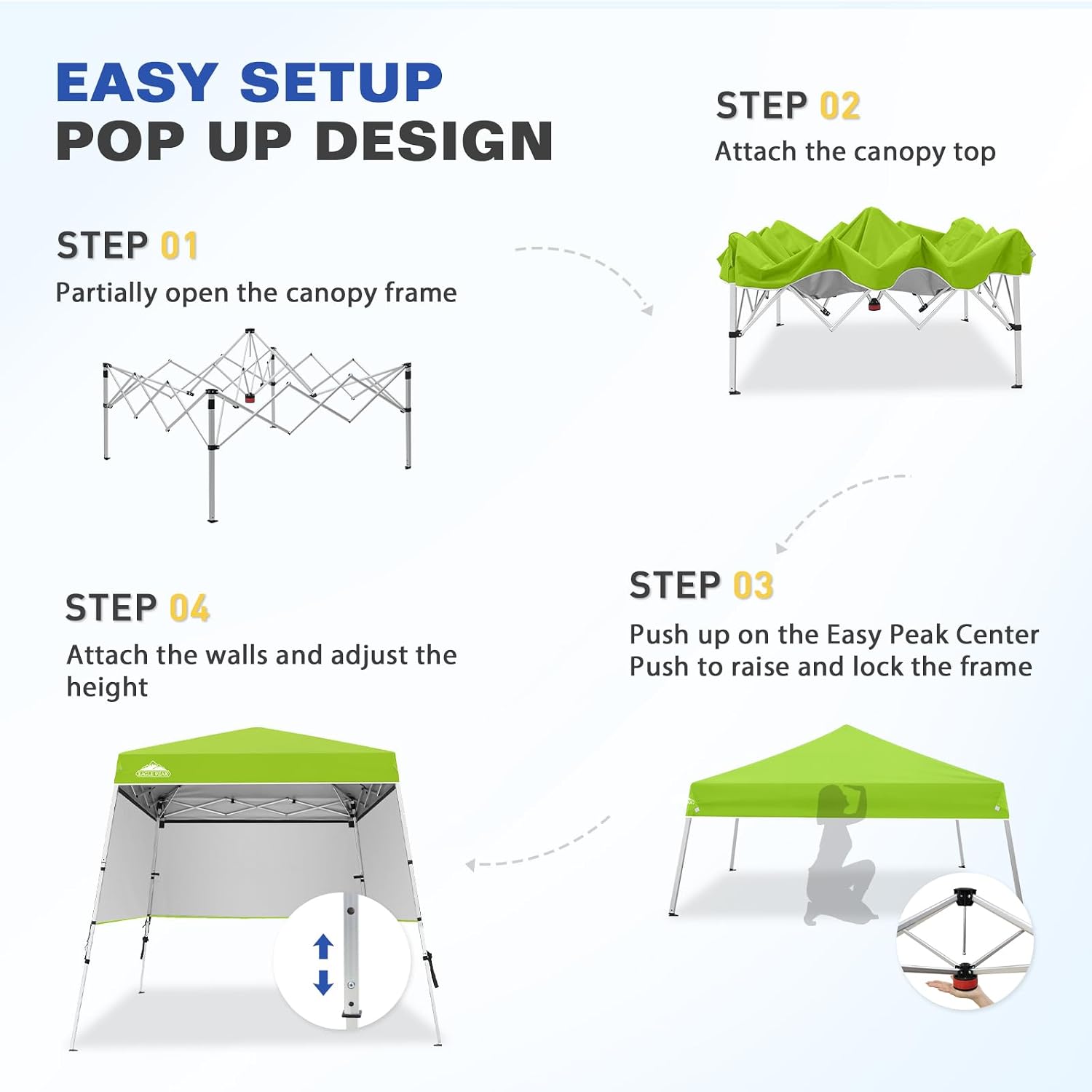 EAGLE PEAK Day Tripper 8x8 Aluminum Super-Lightweight Slant Leg Pop Up Canopy with 3 Removable Walls, Instant Outdoor Backpack Canopy Tent, Outside Beach Folding Sun Shelter, 8x8 Base 6x6 Top, Green