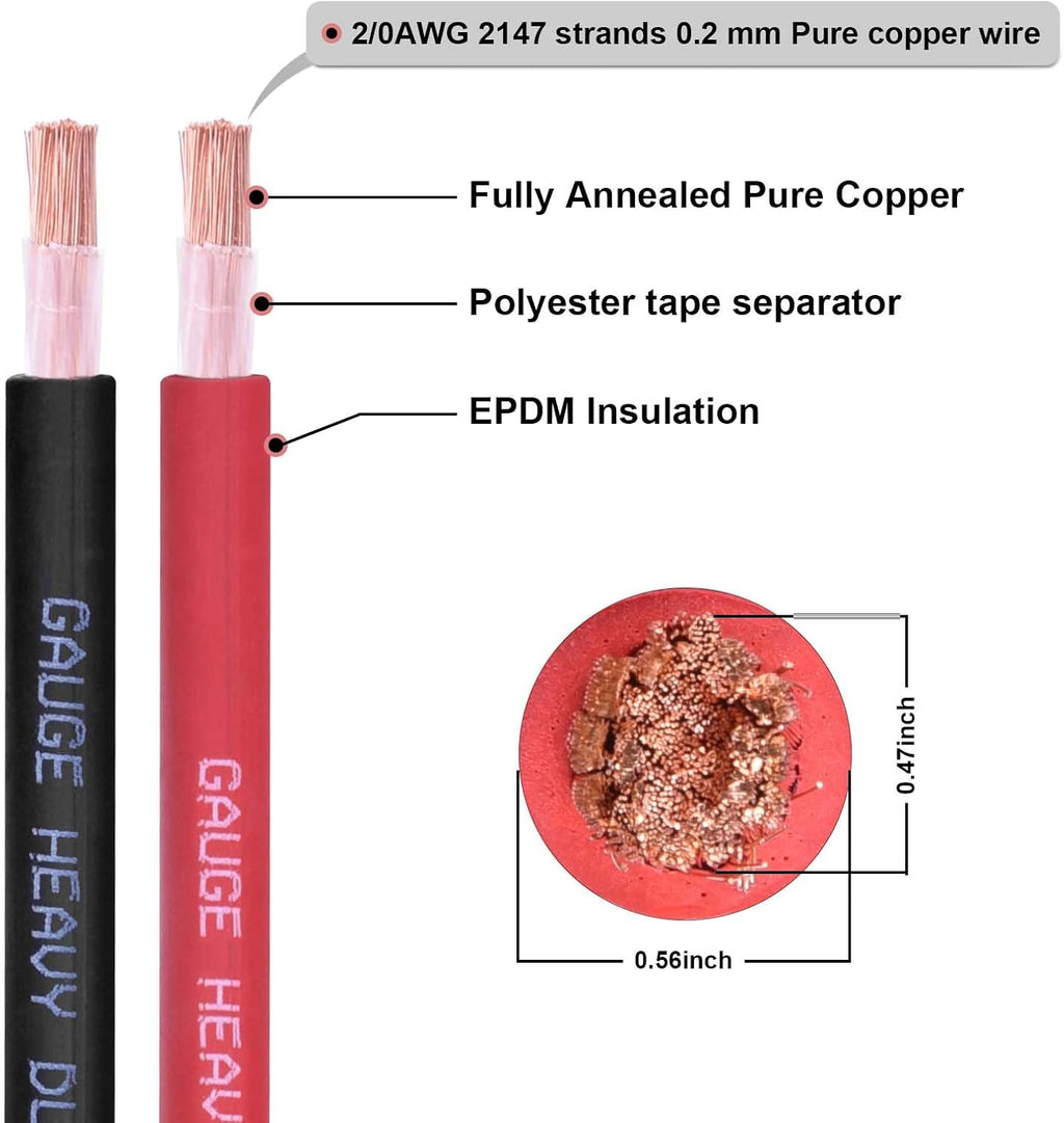 2/0 Gauge Battery Cable,30FT Black 2/0 AWG Pure Copper Wire Welding Cable, for Automotive, Battery, Solar and Generator, Standard USA OFC Wire