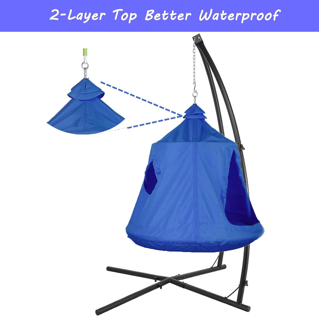 X-Shaped Hanging Tree Tent w/Swing Chair,Hammock Chair Stand Canopy w/Steel Frame,Indoor Outdoor Egg Basket Patio Seat w/Adjustable Solid Stand,Bedroom Porch Balcony Garden 330lb (Blue)