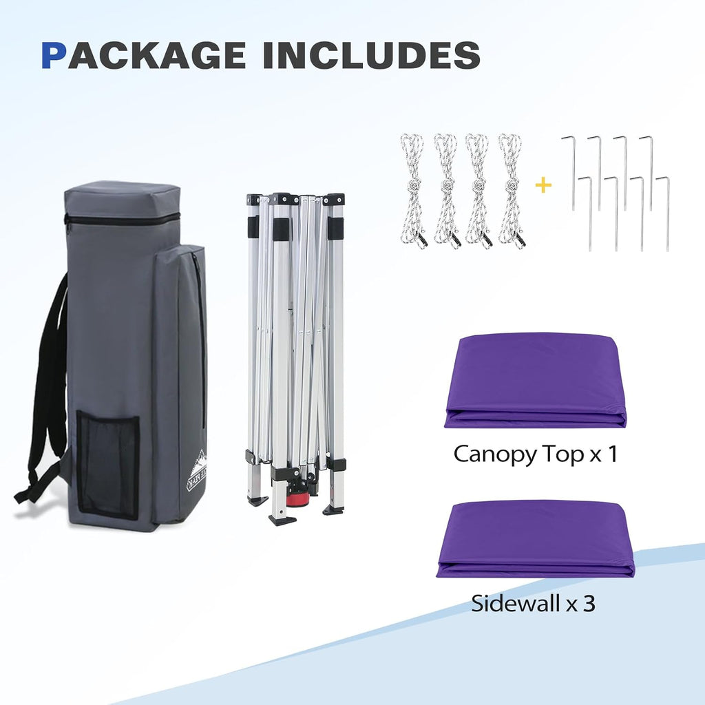 EAGLE PEAK Day Tripper 8x8 Aluminum Super-Lightweight Slant Leg Pop Up Canopy with 3 Removable Walls, Instant Outdoor Backpack Canopy Tent, Outside Beach Folding Sun Shelter, 8x8 Base 6x6 Top, Purple