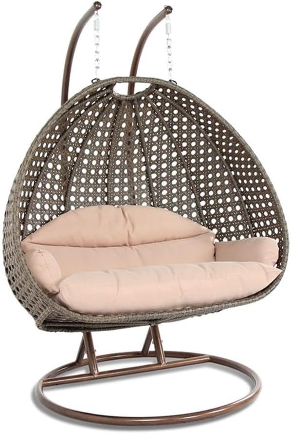 LeisureMod 2 Person Wicker Egg Chair Outdoor Indoor Bedroom Patio Hanging Lounge Swing Hammock Chairs with Beige Stand and UV Resistant Cushions (Beige)