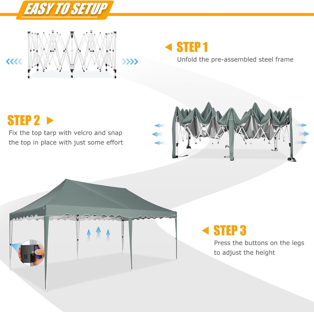 HOTEEL 10x20 Pop Up Canopy, Outdoor Easy Setup Party Tent, Waterproof Portable Enclosed Event Shelter with Wheeled Bag, Weight Bag for Backyard, Vendor, Grey Green