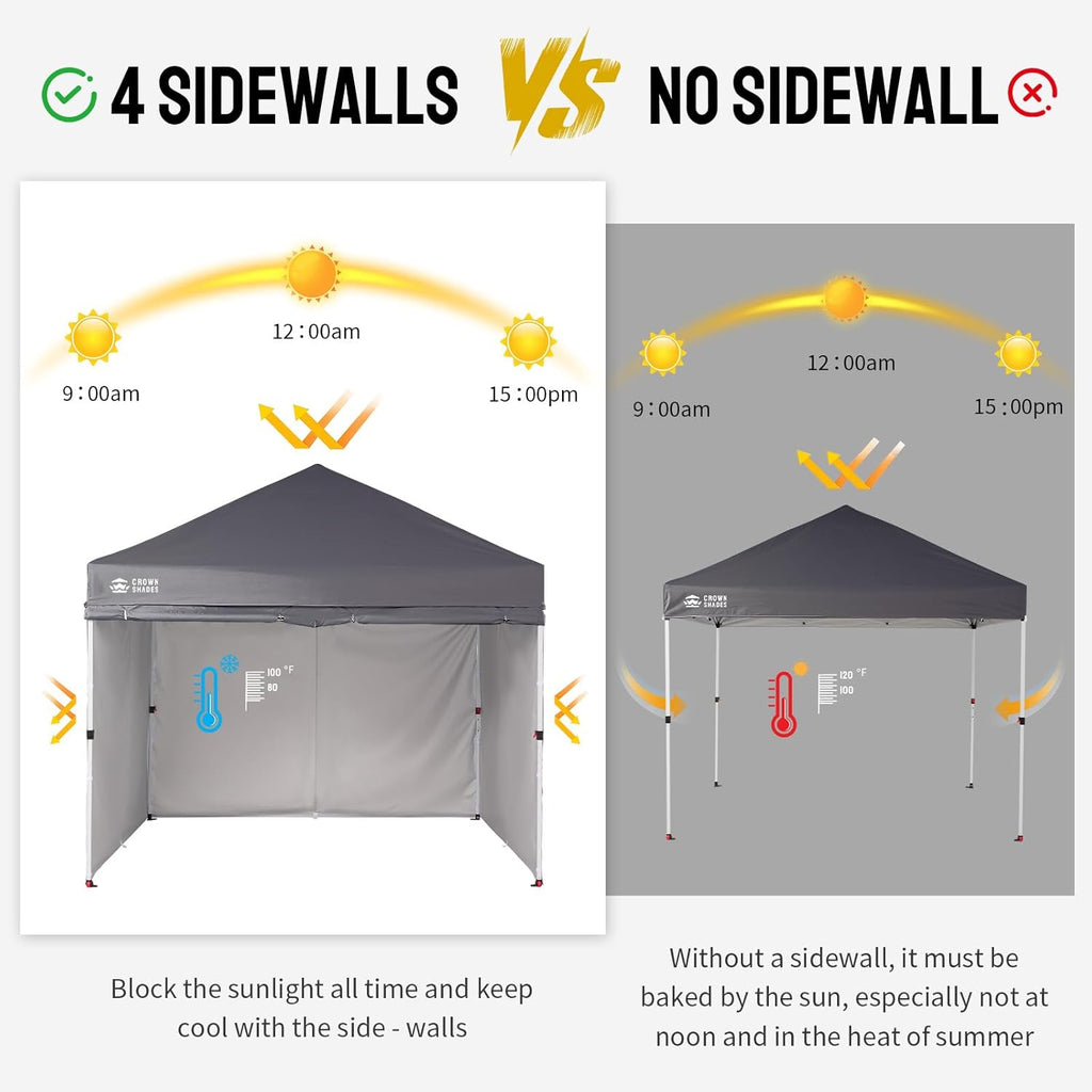 CROWN SHADES 10X10 Commercial Instant Canopy Pop Up Tent with Center Lock, 300D Fabric, 4 Sidewalls, Sto'N Go Bag, Grey