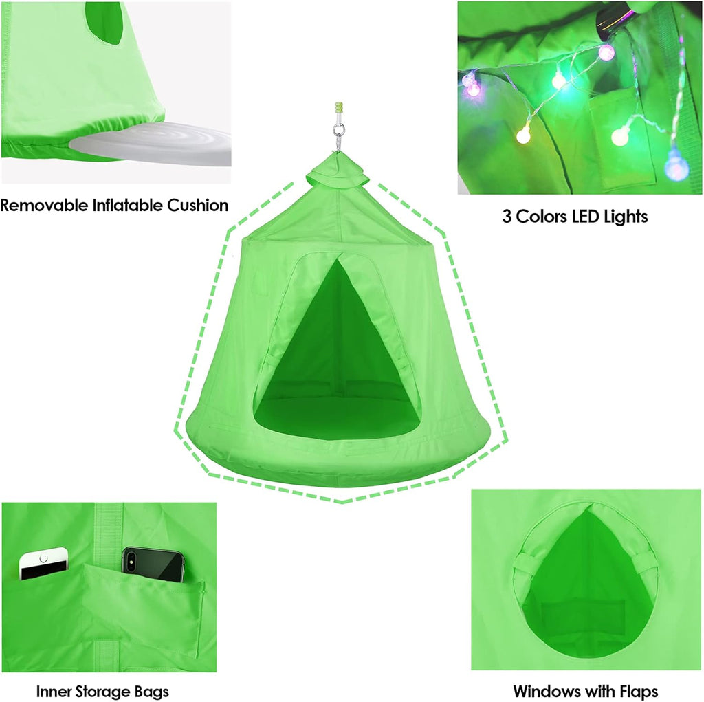 X-Shaped Hanging Tree Tent w/Swing Chair,Hammock Chair Stand Canopy w/Steel Frame,Indoor Outdoor Egg Basket Patio Seat w/Adjustable Solid Stand,Bedroom Porch Balcony Garden 330lb (Green)