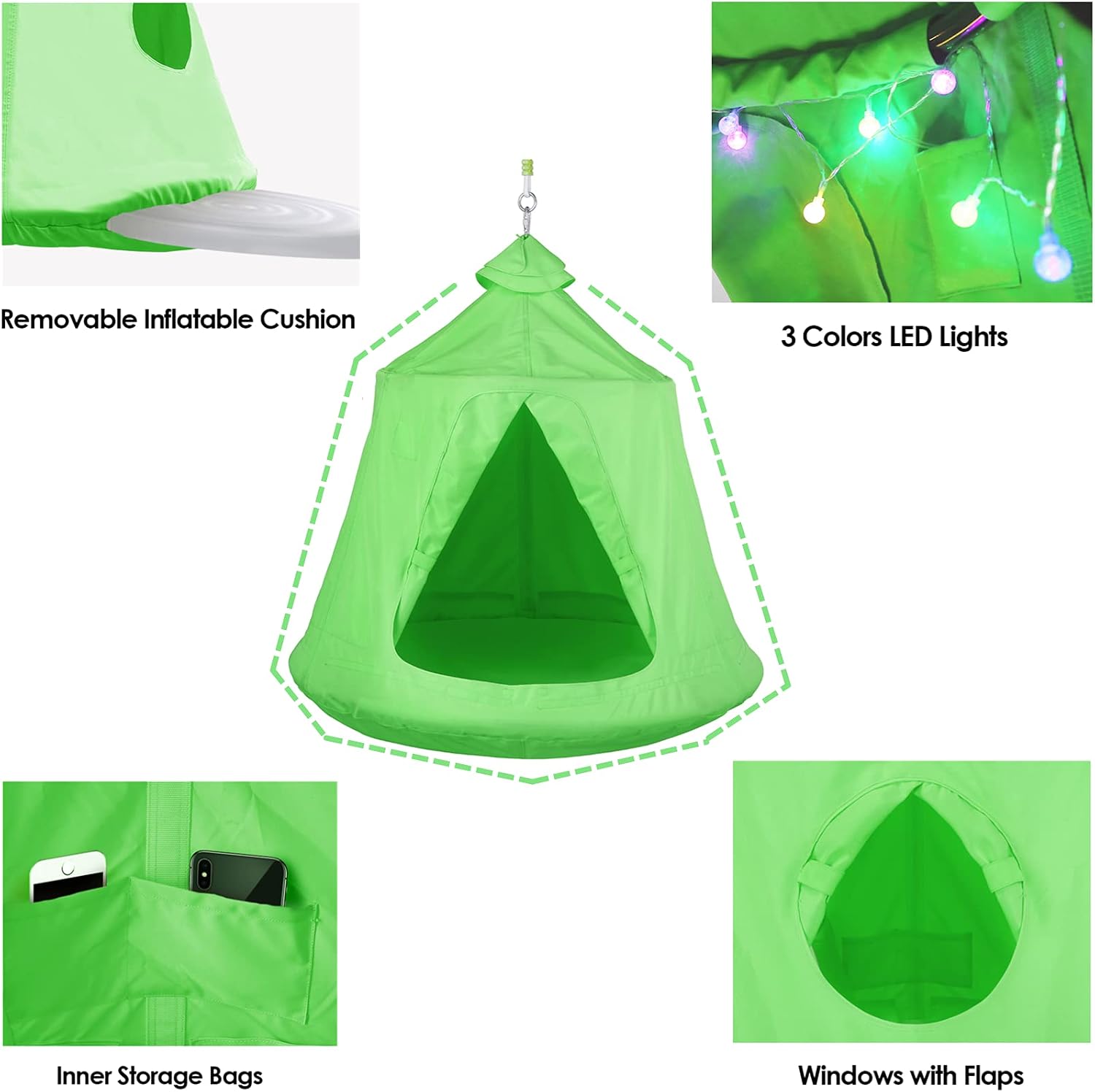X-Shaped Hanging Tree Tent w/Swing Chair,Hammock Chair Stand Canopy w/Steel Frame,Indoor Outdoor Egg Basket Patio Seat w/Adjustable Solid Stand,Bedroom Porch Balcony Garden 330lb (Green)