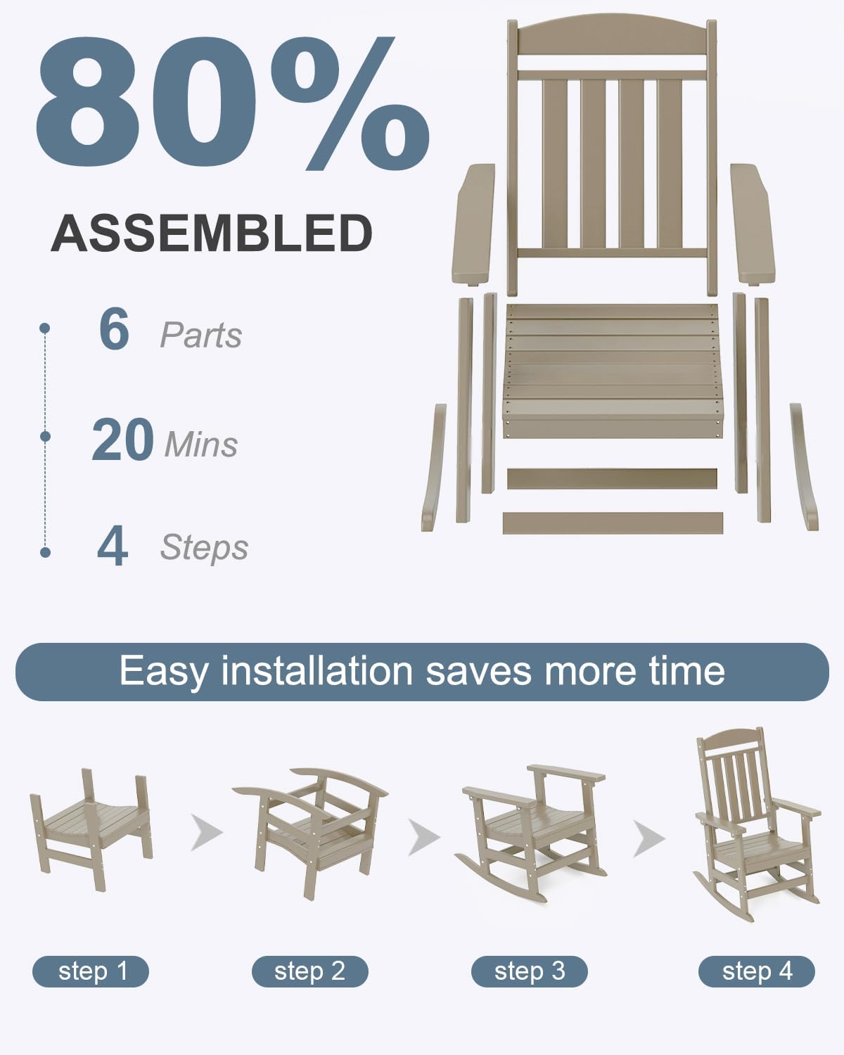 NAVINE Outdoor Rocking Chairs Set of 2, Oversized High Back Patio Rocking Chairs, All Weather Porch Rocking Chairs for Outside. Brown