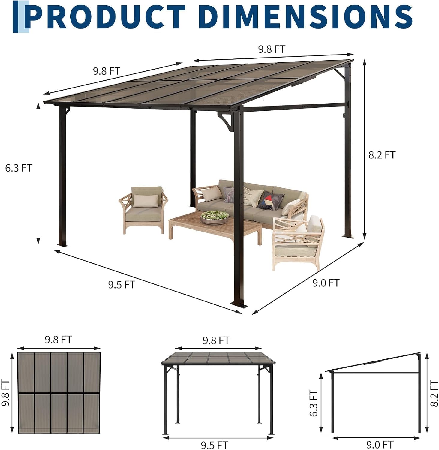 10'x 10'Wall Mounted Gazebo, Hardtop Lean-to Pergola with Polycarbonate Roof, Heavy Duty Outdoor Patio Awnings for Deck, Porch, Backyard, Garden, Weather Resistant, Brown
