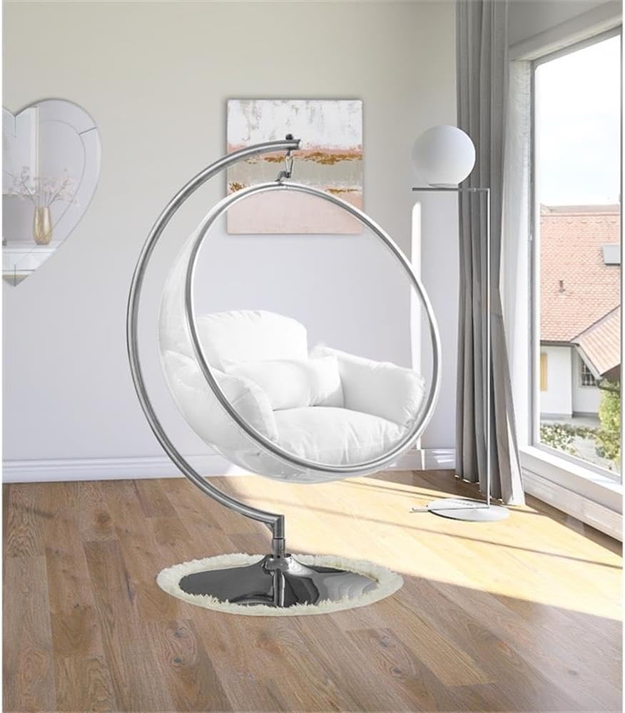 Meridian Furniture 507White Luna Collection Modern | Contemporary Clear Acrylic Accent Swing Chair with Durable Metal Base and Fabric Seat, White, Chrome Finish, 41.5' W x 29.5' D x 64' H