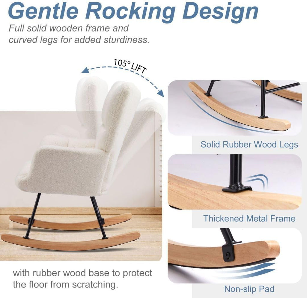 Nursery Rocking Chair, Boho Accent Ottoman, Teddy Upholstered Glider Rocker Accent Chair with High Backrest for Living Room, Small Spaces, Bedroom, Beige