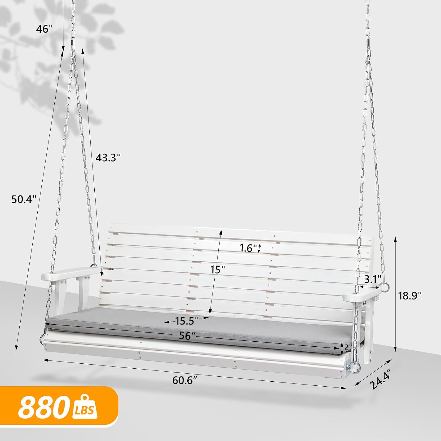 VINGLI 5 FT Outdoor Porch Swing with Frame, Patio Hanging Swing & Stand with Extra Cushions Heavy Duty 880 LBS for Yard, Garden, Pool, Deck, White