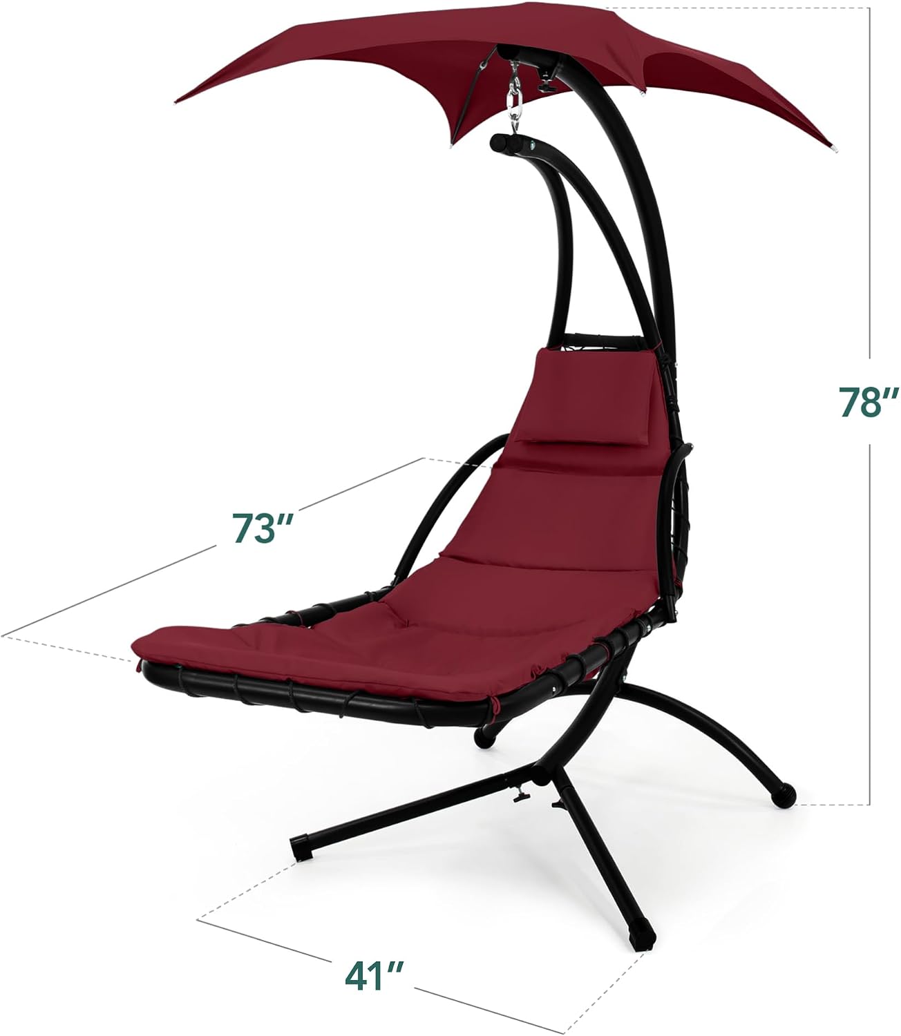 Best Choice Products Hanging LED-Lit Curved Chaise Lounge Chair Swing for Backyard, Patio, Lawn w/ 3 Light Settings, Weather-Resistant Pillow, Removable Canopy Shade, Steel Stand - Burgundy