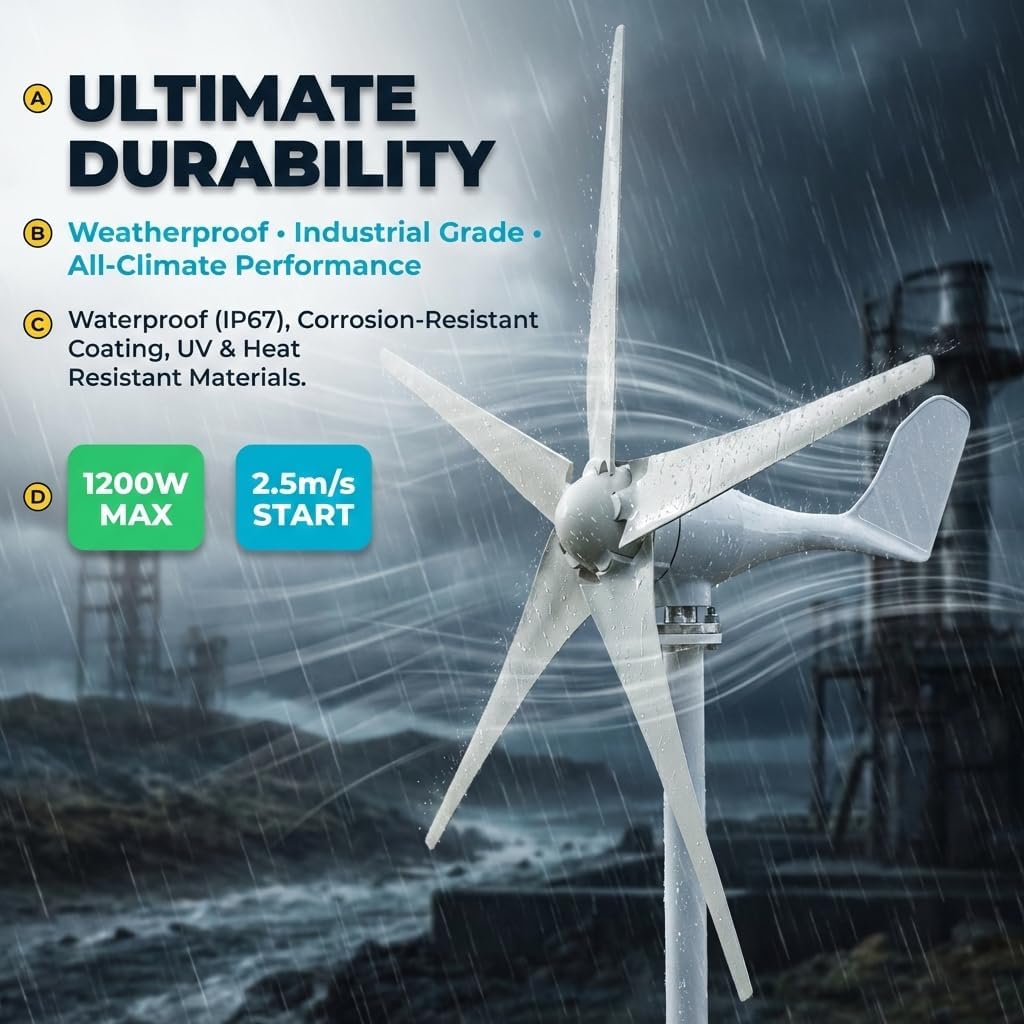 Wind Turbine Generator Kit, 1200W 5 Blade Wind Generators for Home, 12V 800RPM Power Kit with Controller, Windmill Generator for Solar&Wind System