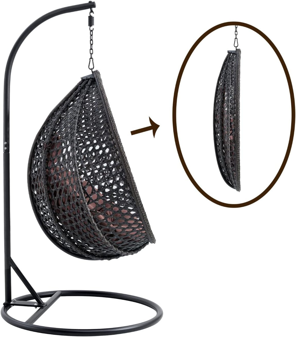 LKTART Egg Swing Chair with Stand Rattan Hanging Egg Chair with Cushions and Pillow Relaxing Chair Foldable Basket & Metal Stand Indoors or Outside 2-Black