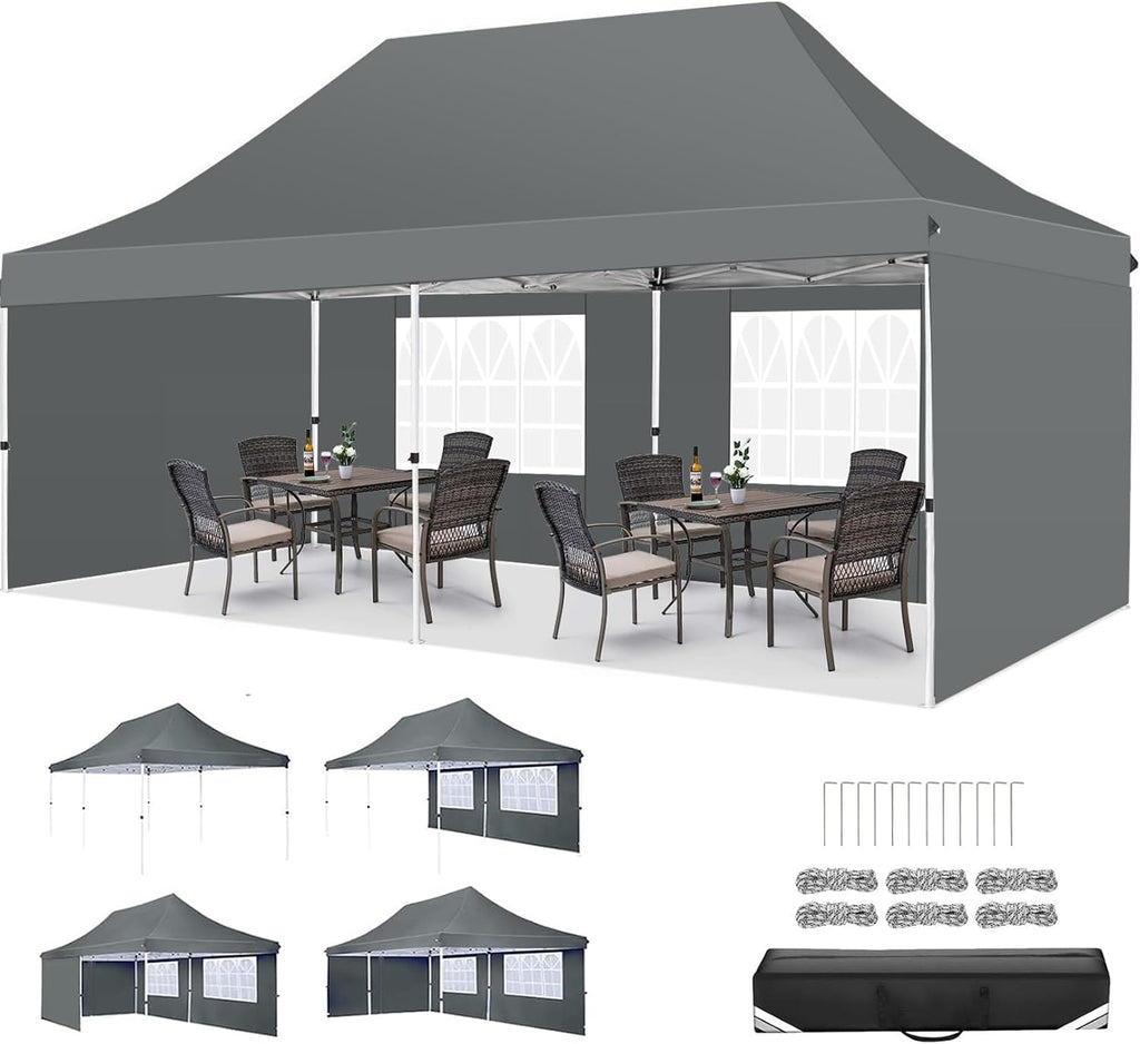 COBIZI Canopy 10x20 Pop Up Canopy Tent with 4 Sidewalls, Waterproof Commercial Canopy Ez Outdoor Instant Gazebo UV Protection 50+ Event Shelter, Party Tent for Parties Garden Camping, Grey