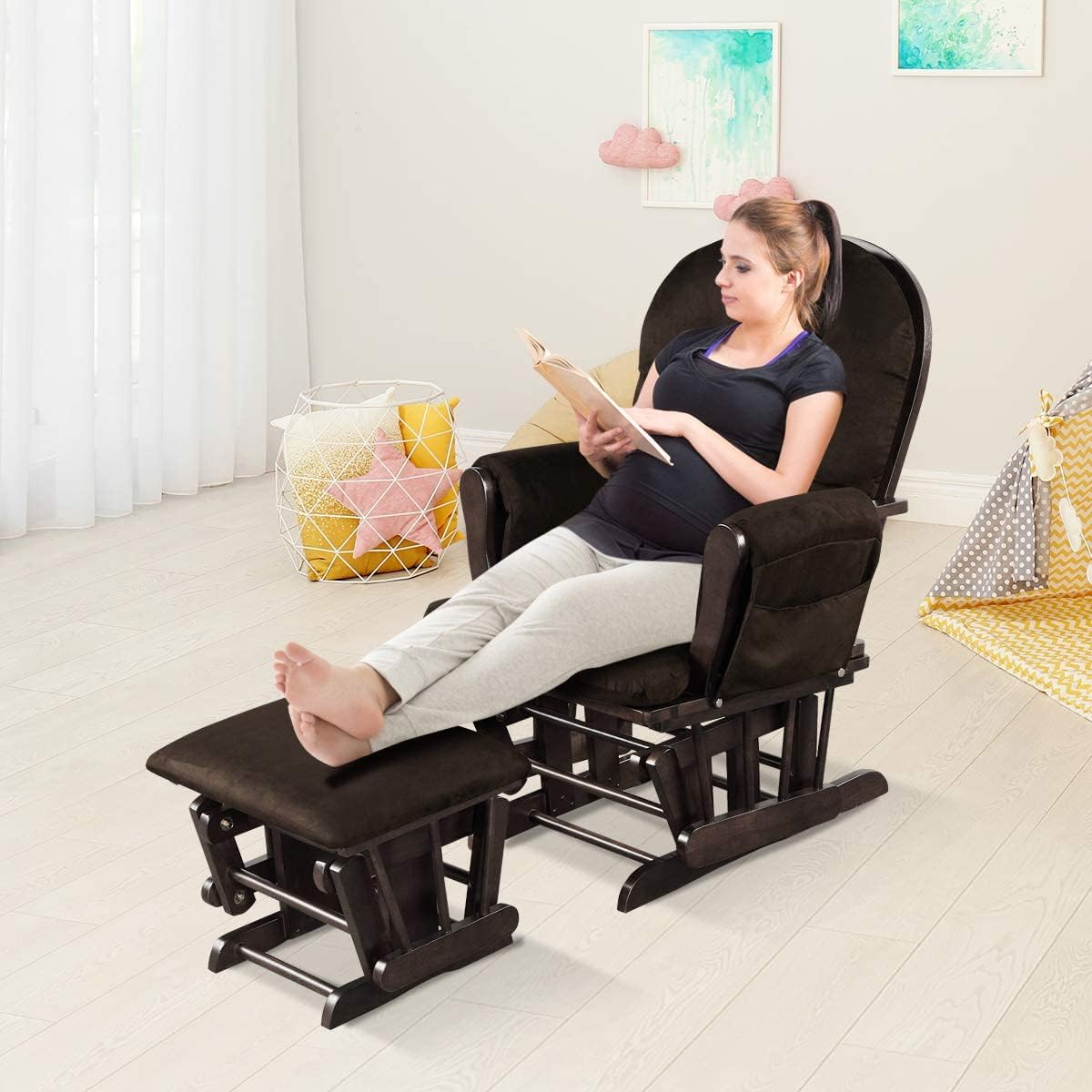 Costzon Nursery Glider with Ottoman, Upholstered Comfort Glider Rocker with Padded Cushion, Storage Pocket, Solid Wood Base, Rocking Chair Nursery for Breastfeeding, Napping (Brown)