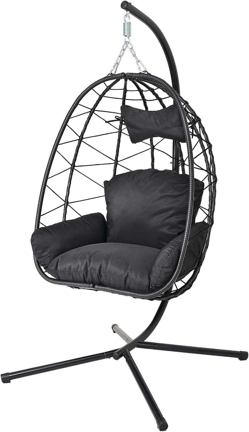 Egg Chair with Stand, Wicker Hanging Chair for Outdoor Patio, Cushioned Hammock Swing for Bedroom Garden Indoor/Outdoor, Double-Zipper Structure Hanging Egg Chair (Black and Black)