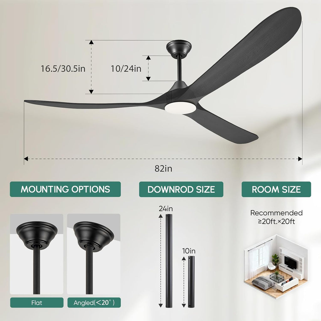 82' Large Indoor Outdoor Ceiling Fan with Light - Remote/App/Alexa Control, 3 Wood Blade, High CFM Quiet Energy Efficient Reversible, Damp-rated for Patios Porch Garage Shop, Modern Black Industrial