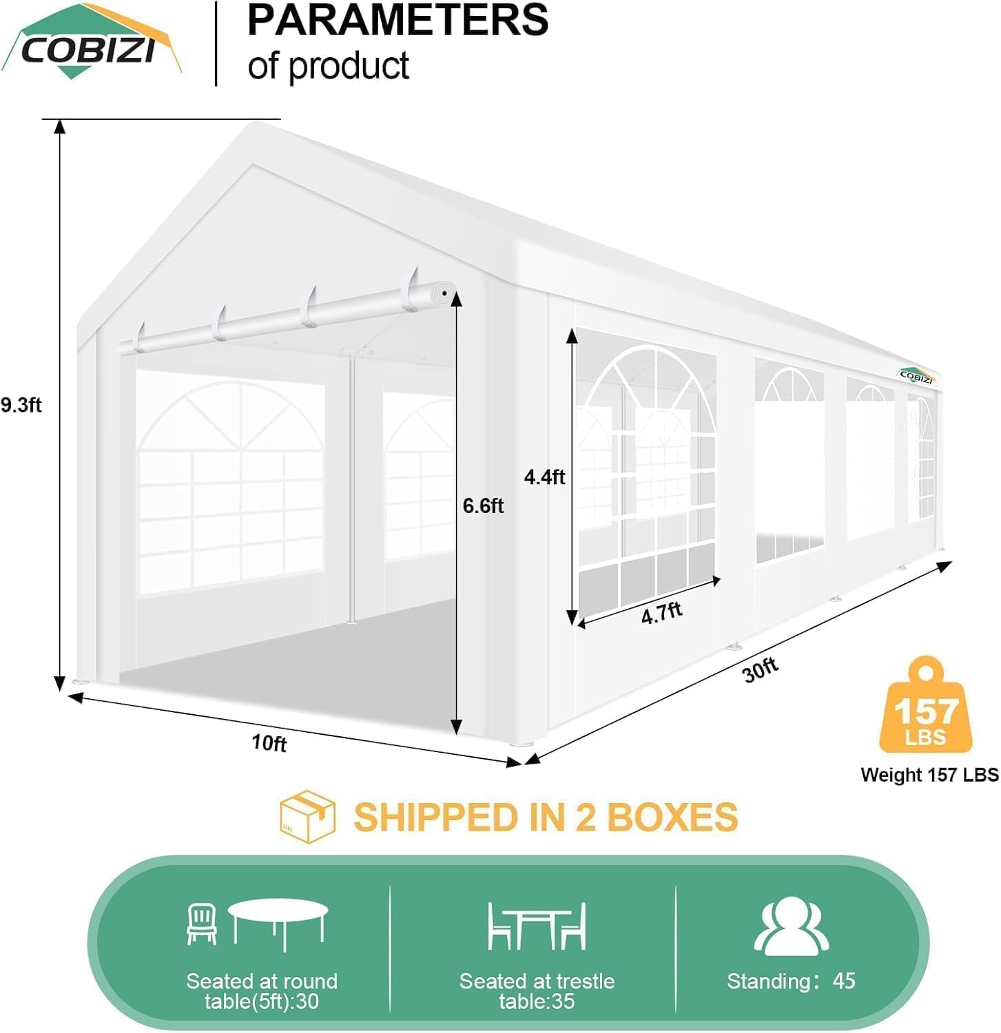 COBIZI 10x30 Heavy Duty Party Tent Outdoor Waterproof Canopy with 8 Church Windows & 8 Sidewalls, Built-in Sandbag, White Powder Coating Commercial Event Shelter Tents for Parties Wedding BBQ Patio