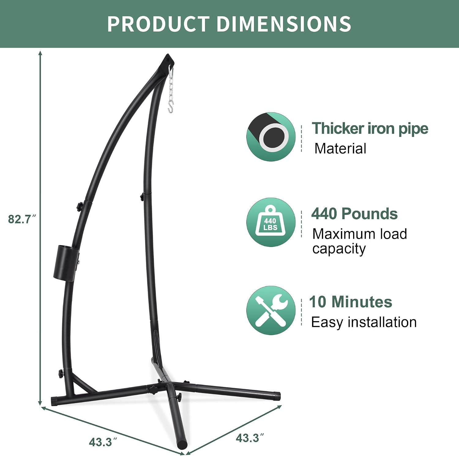 Eusuncaly Hanging Hammock Chair Stand Swing Chair Stand for Indoor/Outdoor,C-Type Solid Steel Heavy Duty Hammock Chair Stand,Weight Capacity 440 Lbs Hanging Chair Stand Only Black AD333