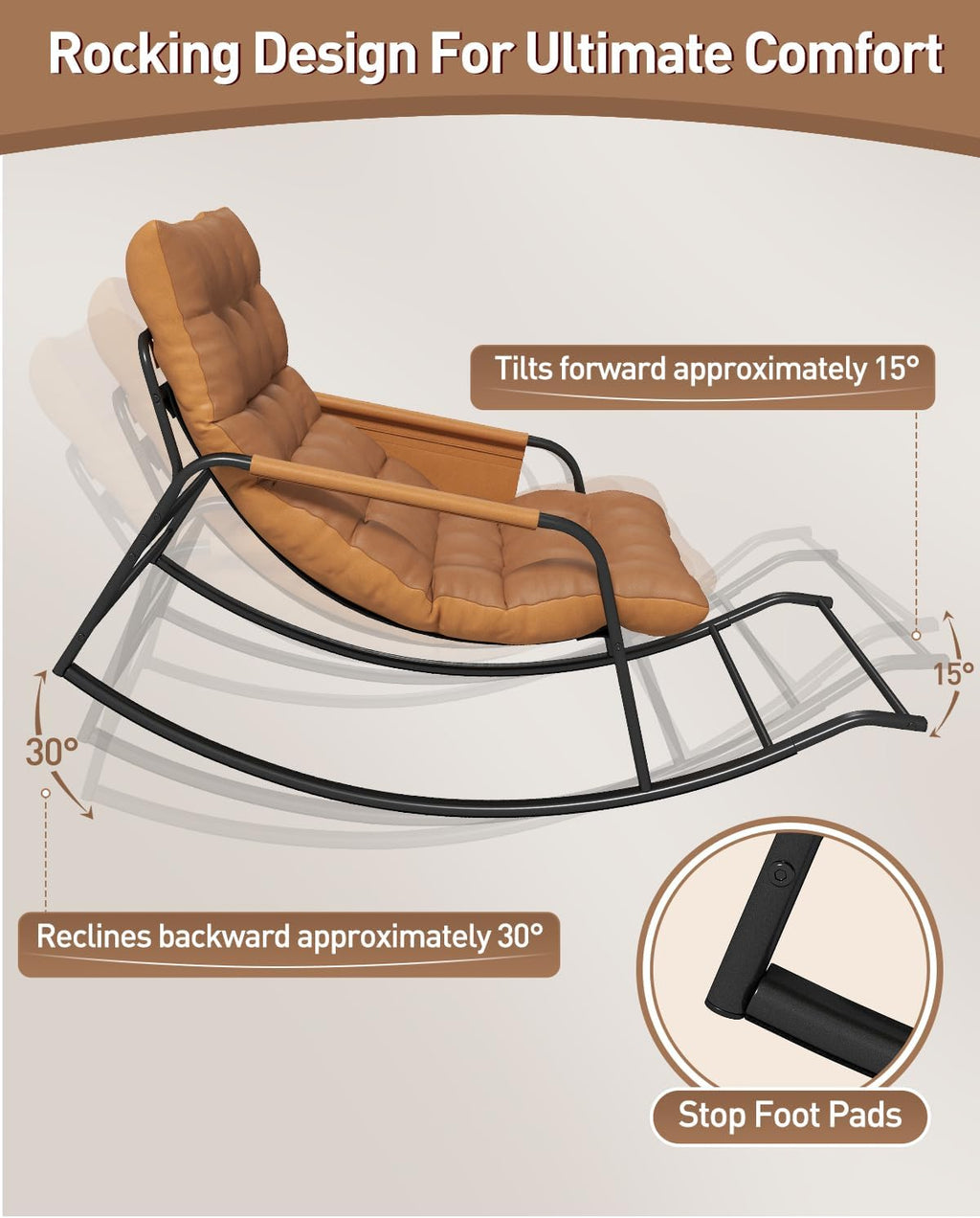 Oversized Indoor Rocking Chair, Plush Papasan Chair with Comfy Padded Cushions & Side Pocket, for Patio Garden, Porch, Lounge, Outdoor, Orange